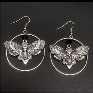 Silver titanium goth death head Moth punk hoop earrings new